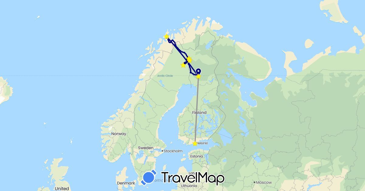 TravelMap itinerary: driving, plane in Finland, Norway, Sweden (Europe)